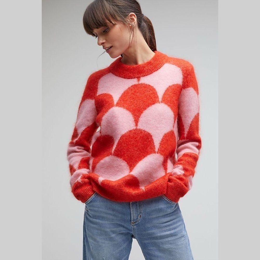 Second Female Margaret O Neck Mohair Wool Knit Sweater in Red/Light Pink | XS